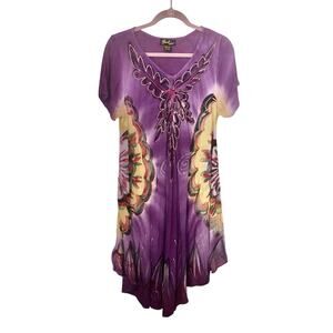 Embroidered Beach Dress One Size Purple Tie Dye Yellow Resort Cruise Boho Rayon